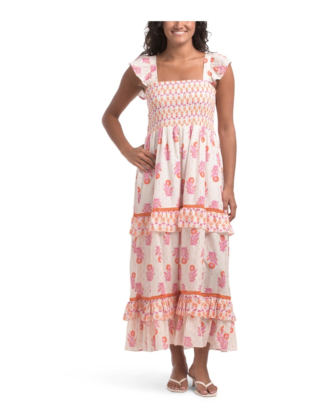 Calypso St. Barth Cream Maxi Dress with Pink & Orange Floral Print